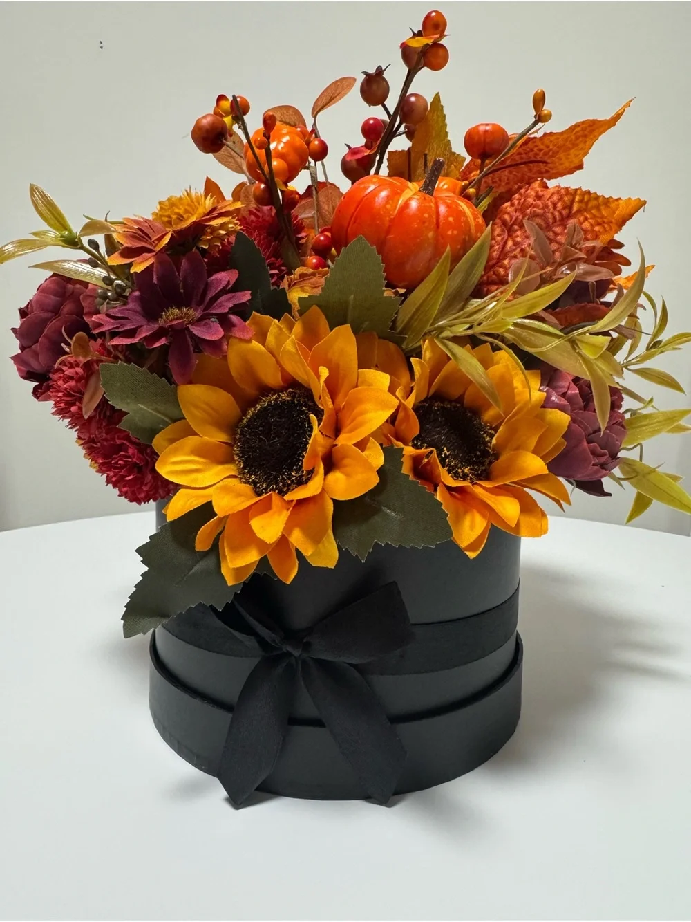 Autumn Harvest Sunflower & Pumpkin Floral Arrangement - Orange